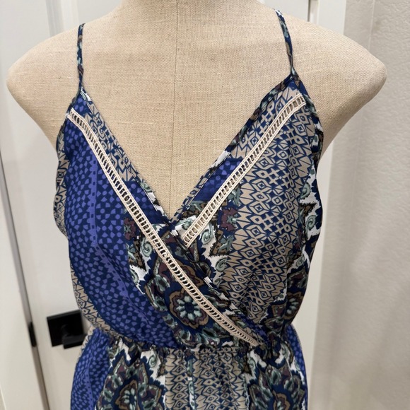 Lush Womens Romper XS Blue Brown Boho Sleeveless Casual V Neck‎ Criss Cross - Picture 5 of 8